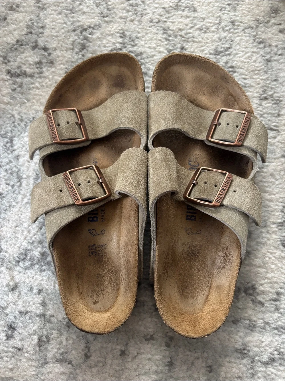 Birkenstock Arizona Two-Strap Sandals in Taupe Suede with Copper Buckles - Picture 1 of 6